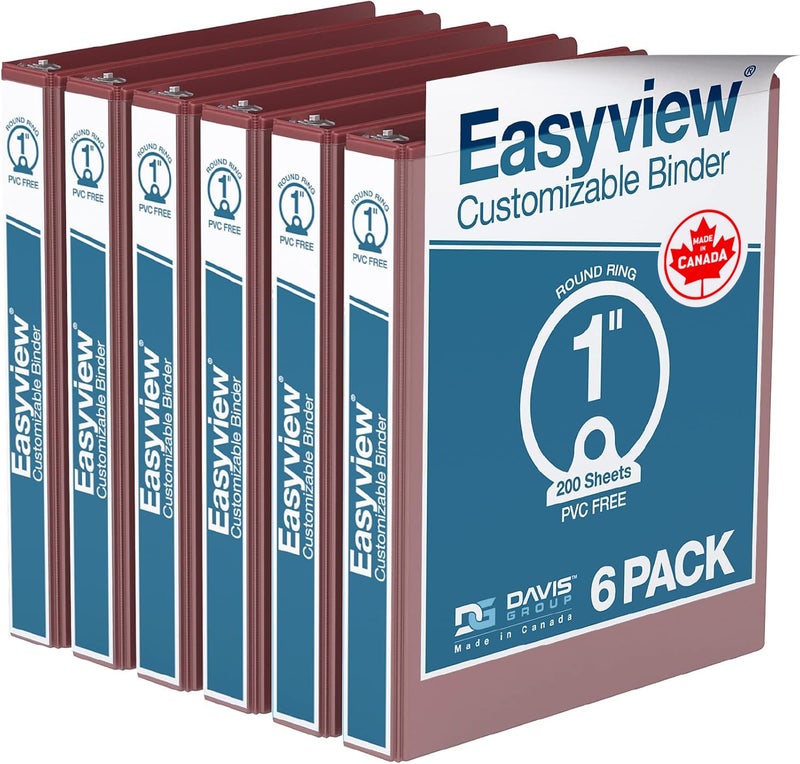 Davis Group مجلدات Easyview Premium ذات 3 حلقات مع أغطية شفافة وحلقات دائرية، مجلدات للمدرسة أو المكتب، 1 بوصة، عبوة من 6 قطع، عنابي - Image 1